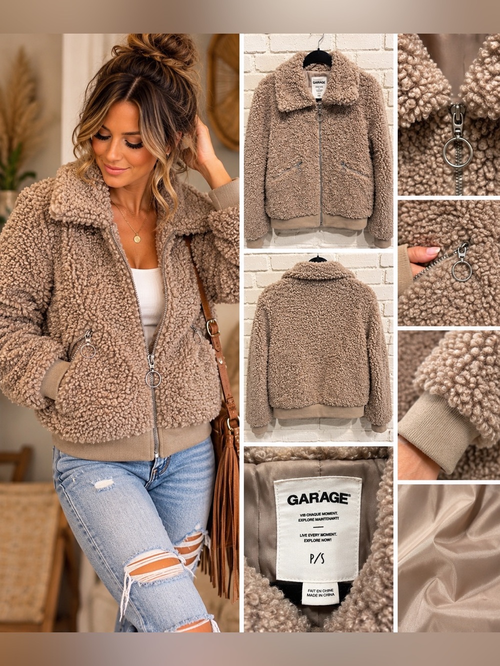 Garage Taupe Teddy Sherpa Bomber Jacket | Size Small